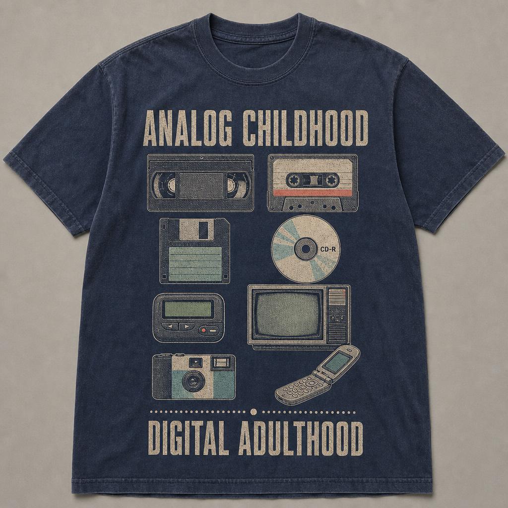 Faded navy t-shirt printed with a grid of retro objects: VHS tape, cassette, floppy disk, CD-R, pager, CRT TV, disposable camera and flip phone