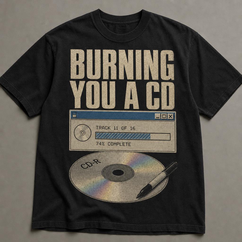 Black t-shirt printed with a retro software progress window reading TRACK 11 OF 16 and a blank CD-R