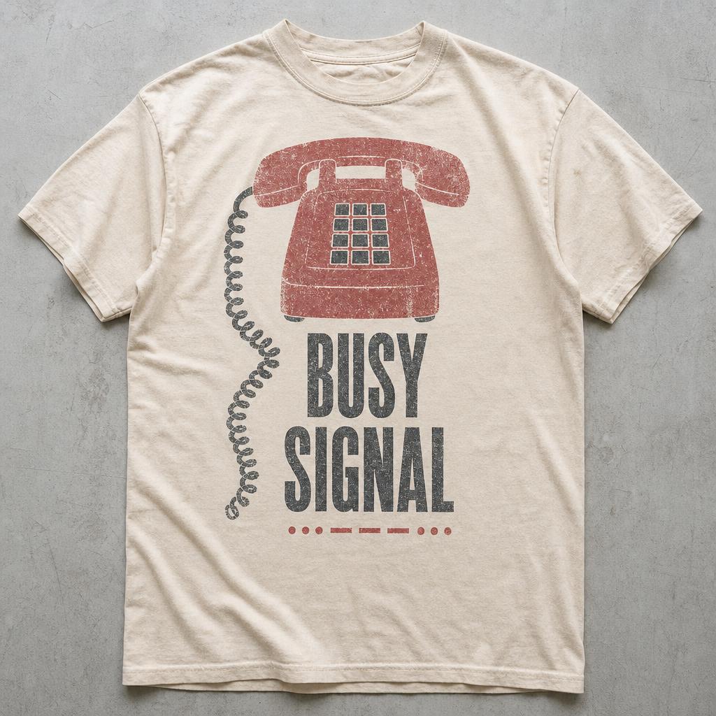 Cream t-shirt printed with a faded red corded telephone, a long coiled cord spiralling down the side and bold lettering reading busy signal