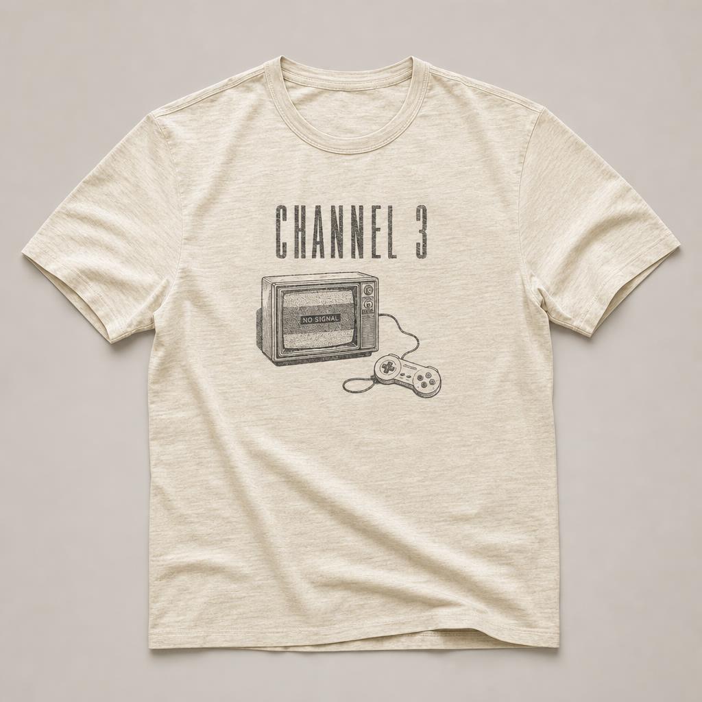 Cream t-shirt with a small line-drawn CRT television reading NO SIGNAL beside a plain wired controller