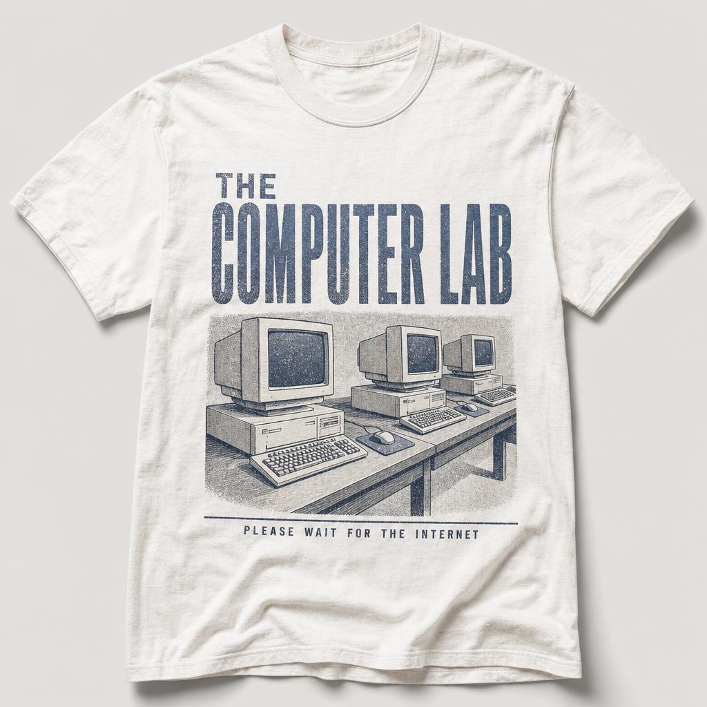 Vintage white t-shirt printed with a row of beige CRT computers on a long lab table