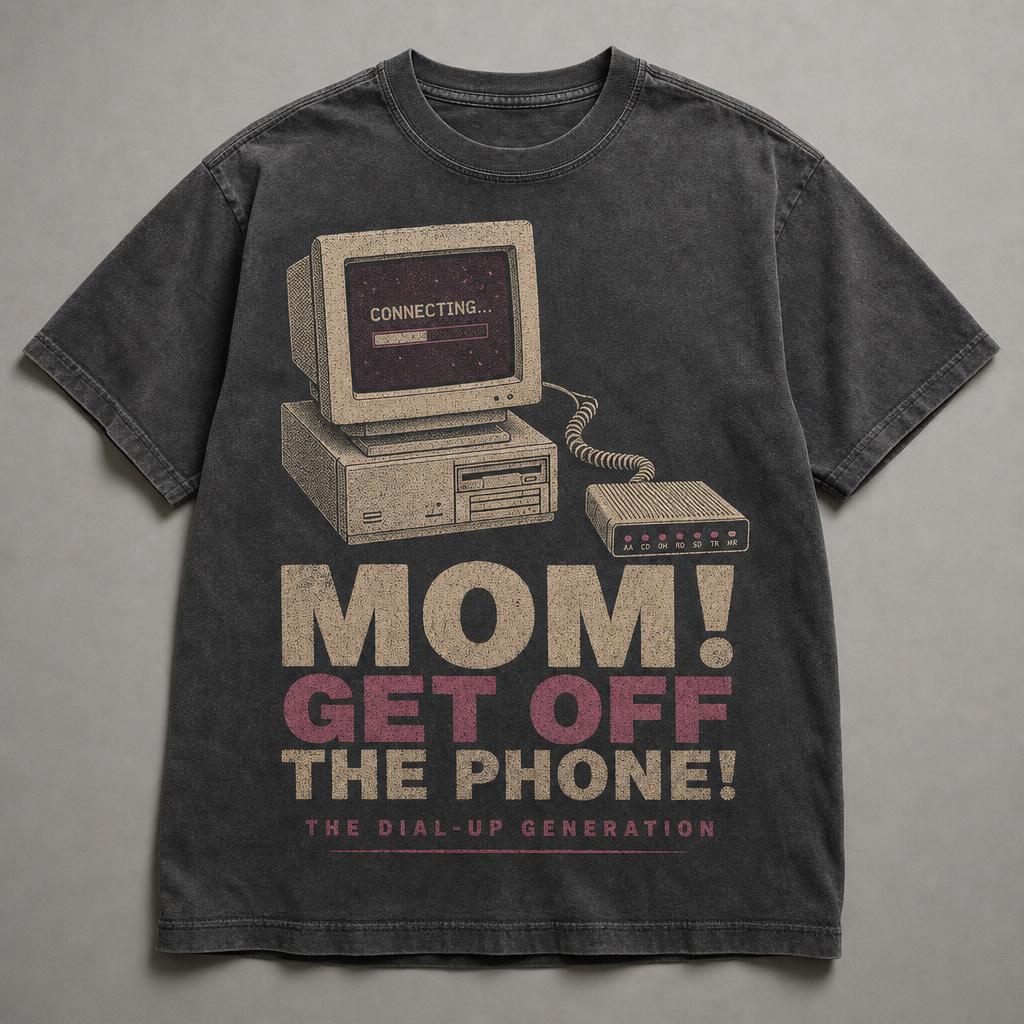 Washed charcoal t-shirt printed with a beige desktop computer showing CONNECTING and a dial-up modem