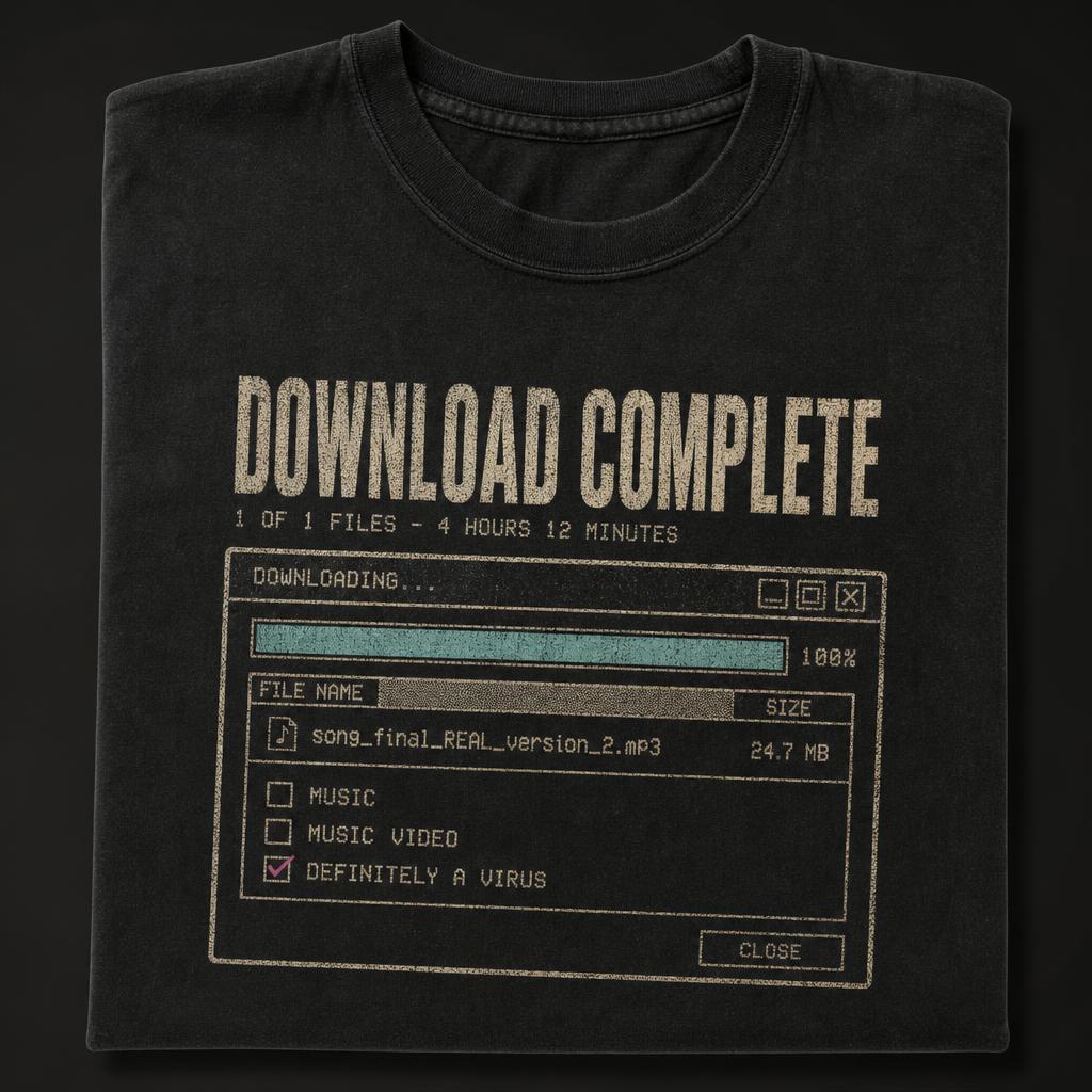 Black t-shirt printed with a generic retro download window at 100 percent, a long mp3 filename and a ticked box reading definitely a virus