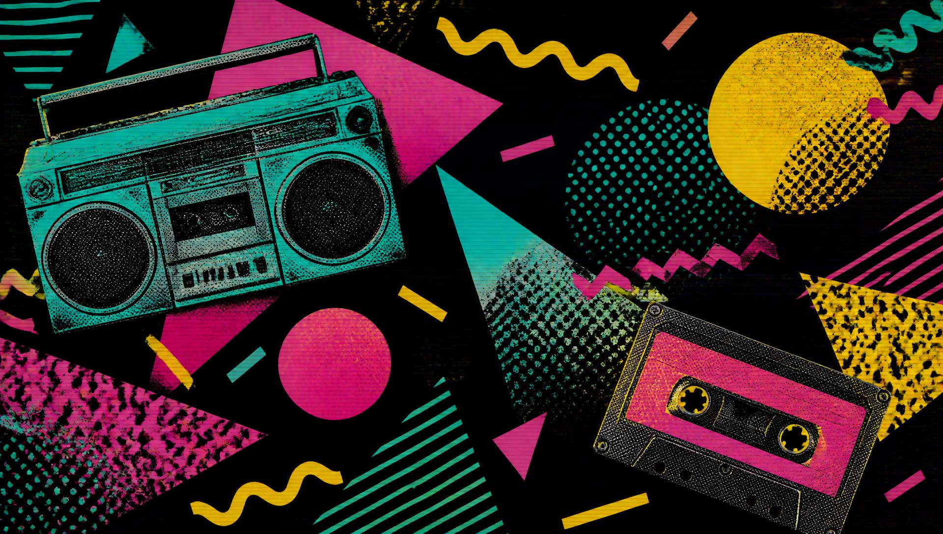 Retro 90s collage of a boombox, cassette tape and neon geometric shapes