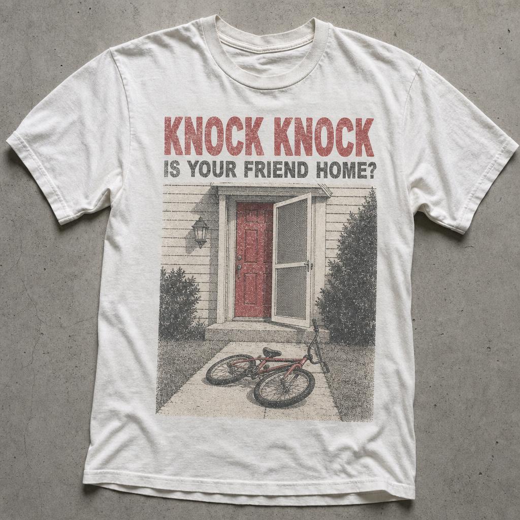 Vintage white t-shirt printed with bold red lettering reading knock knock is your friend home above a suburban front door and a bike dropped on the walkway