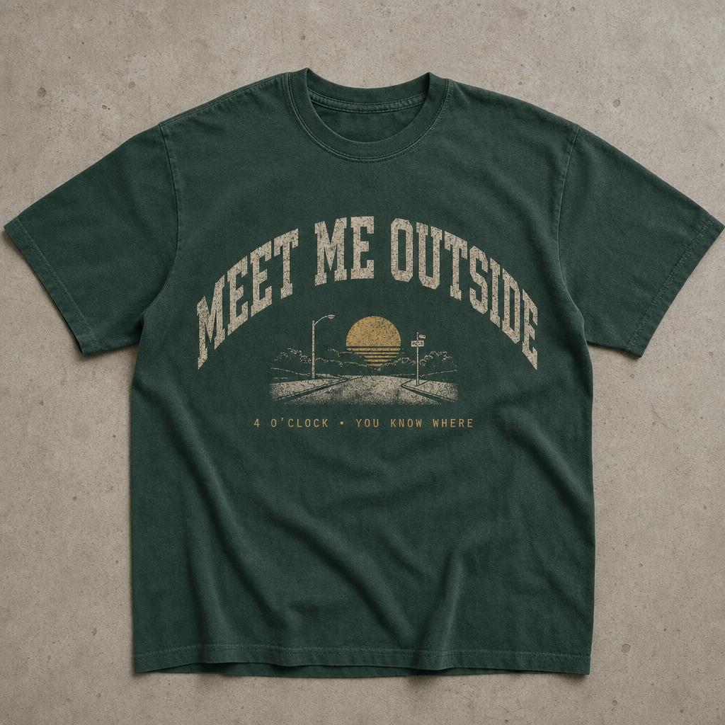 Forest green t-shirt with arched varsity lettering reading meet me outside above a small sun setting over a street corner