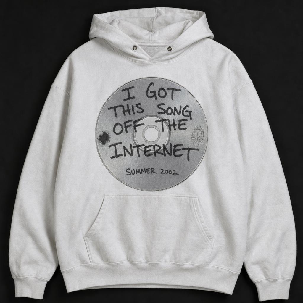 Vintage white hoodie printed with a blank CD-R covered in handwritten marker lettering and the words summer 2002