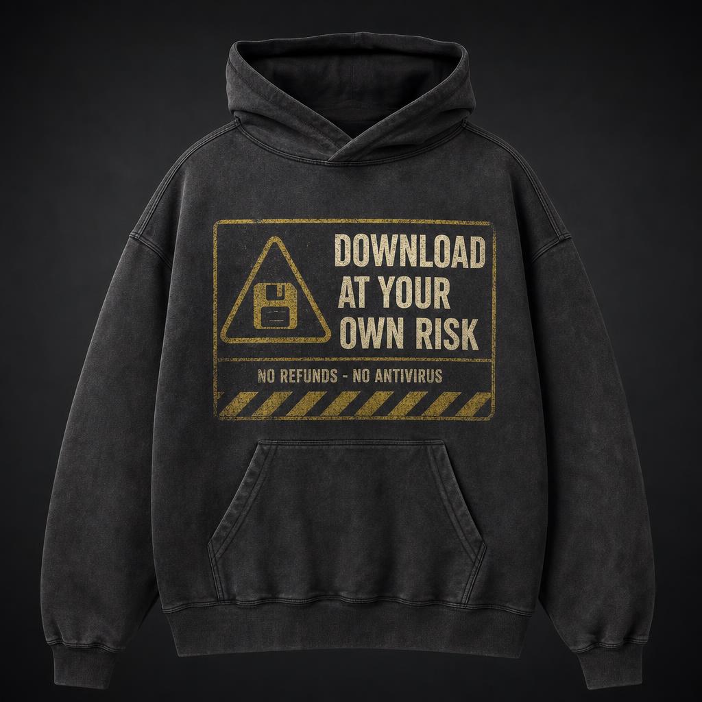 Washed charcoal hoodie printed with a yellow warning plate, a triangle and floppy disk icon and caution stripes