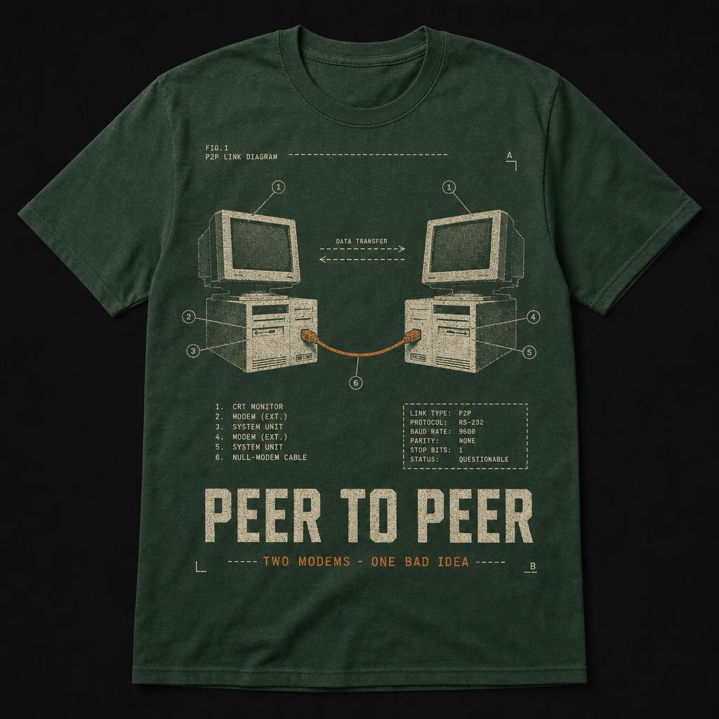 Forest green t-shirt printed with a labeled diagram of two beige computers connected by an orange cable