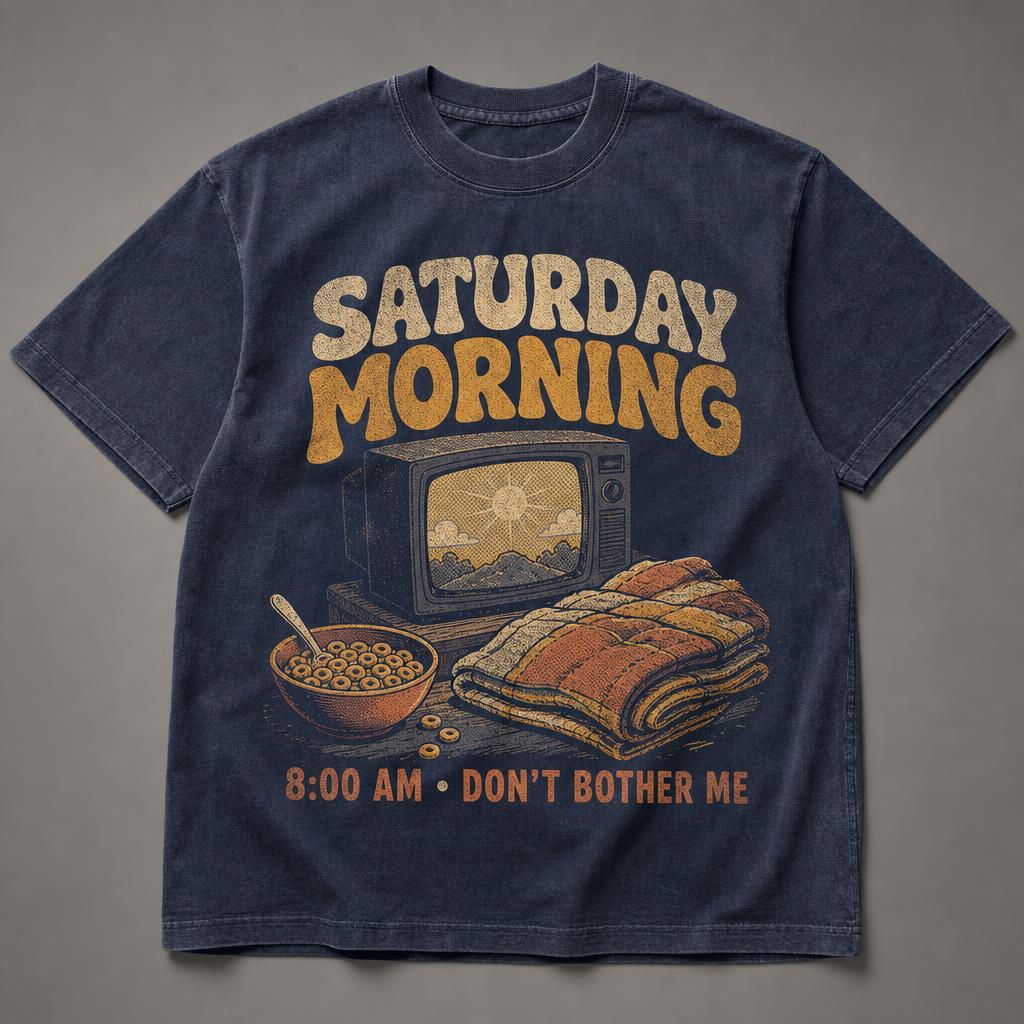 Faded navy t-shirt printed with a CRT television, a bowl of cereal and a folded blanket