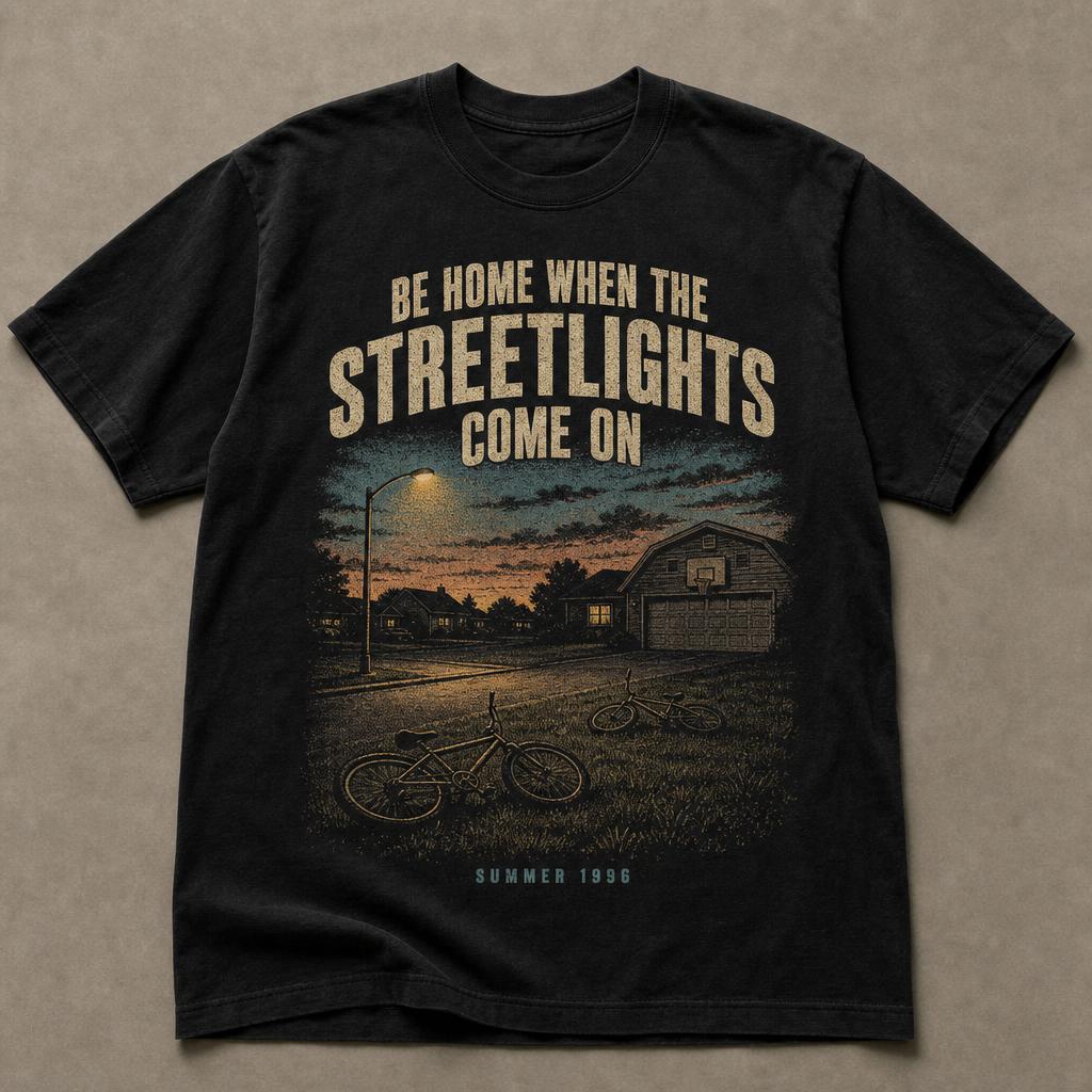 Black t-shirt with a faded print of a suburban street at sunset, bikes on the lawn and a streetlight switching on