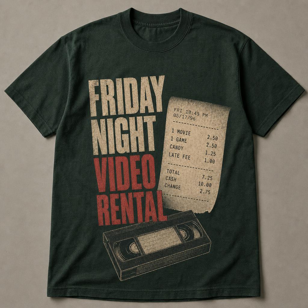 Forest green t-shirt printed with a fictional video rental receipt and a blank VHS cassette
